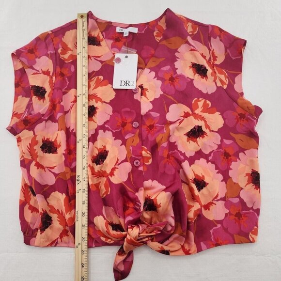 DR2 Daniel Rainn Size XXL Satin Tie Front Button Up Pink Tropical Floral Blouse - Picture 5 of 7